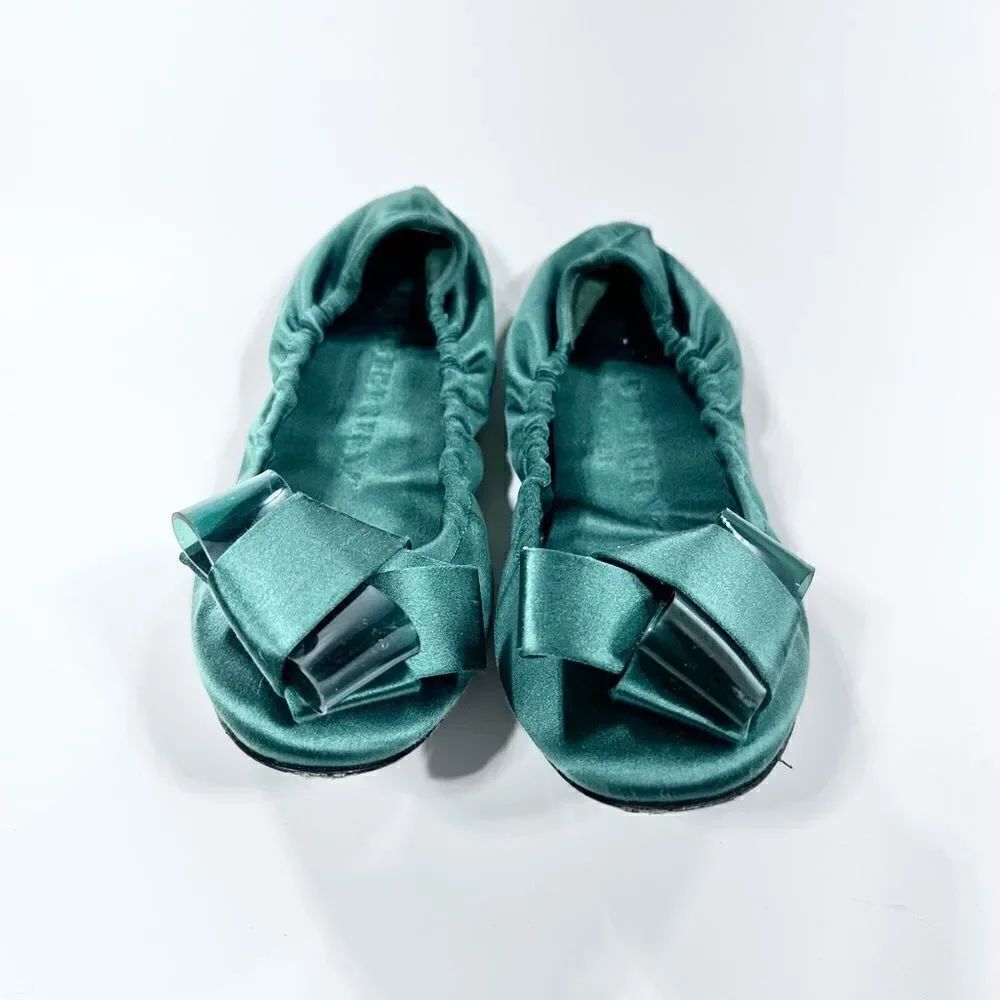 Burberry Prorsum emerald green satin surrey bow top flats 35